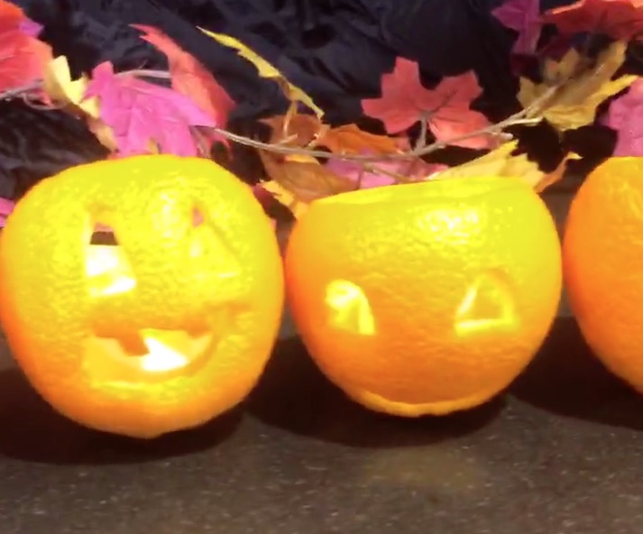 Carved Oranges with a link to 3 ideas to carve instead of a pumpkin video 