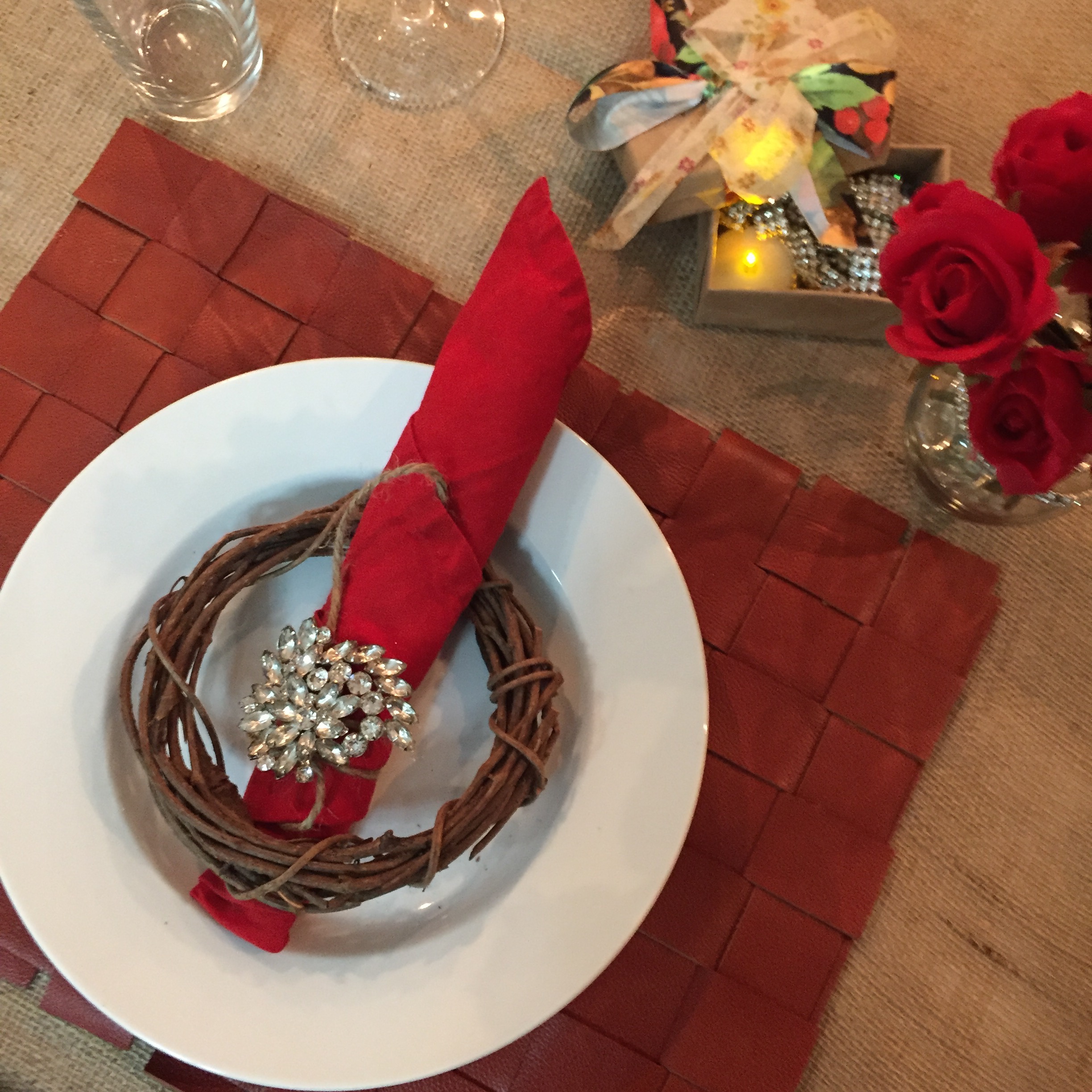 Rustic Glam table setting with link to DIY Woven leather placemat