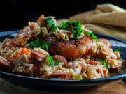 Plate of Shrimp Chicken Andouille Sausage Jamblaya for article about popular New Orleans restaurants outside the French Quarter